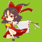  ascot bad_id bad_pixiv_id bow brown_hair chibi clog_sandals detached_sleeves gohei hair_bow hair_tubes hakurei_reimu hovering_kousin long_hair ponytail red_eyes red_ribbon ribbon sarashi simple_background skirt socks solo spoon touhou white_legwear 