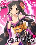  artist_request black_hair breasts card_(medium) character_name cleavage fingerless_gloves flower flower_(symbol) gloves hair_bun hair_ornament hairpin idolmaster idolmaster_cinderella_girls japanese_clothes kimono medium_breasts momoi_azuki official_art orange_eyes solo star tongue tongue_out 