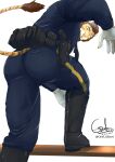 anthro biceps big_butt black_boots black_clothing black_footwear blue_bottomwear blue_clothing blue_pants blue_shirt blue_topwear boots bottomwear brown_mane bulge bulge_from_behind butt butt_focus butt_outline chief_gilbert claws clothing english_text facial_piercing felid feline foot_on_bench footwear fur gear green_eyes gun gun_belt gun_holster handgun hi_res hybrid intruder liger looking_at_viewer looking_back looking_back_at_viewer looking_down looking_down_at_viewer low-angle_view male mammal mane manly markings muscular muscular_anthro muscular_male nose_piercing nose_ring orange_body orange_fur pantherine pants piercing pistol pistol_holster police police_belt police_officer police_uniform raised_leg ranged_weapon ring_piercing shirt shoes solo striped_body striped_fur striped_markings striped_tail stripes tail tail_markings text thick_arms tight_clothing topwear uniform uniformed_male weapon weapon_holster