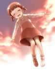  blush brown_hair child closed_eyes doujima_nanako dress highres open_mouth outstretched_arms persona persona_4 shoes short_hair single_shoe smile socks solo spread_arms suzaka_shina twintails 