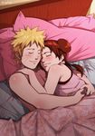  1girl bed bed_sheet blonde_hair blush brown_hair double_bun eyes_closed facial_mark from_above happy hug lying naruto on_bed pillow pink_shirt sbel02 shiny shiny_hair shirt signature sleeping sleeveless sleeveless_shirt smile spiked_hair tenten under_covers uzumaki_naruto 