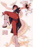  1girl boots bracelet brown_eyes brown_hair bun_cover capcom china_dress chinese_clothes chun-li dragon dress fighting_stance from_below jewelry leg_lift open_mouth panties pantyhose sbel02 signature solo spiked_bracelet spikes standing steet_fighter street_fighter underwear 