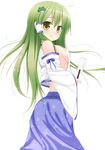  bad_id bad_pixiv_id blush breasts chimunge detached_sleeves frog gohei green_hair hair_ornament hair_tubes highres kochiya_sanae long_hair medium_breasts sideboob skirt solo touhou yellow_eyes 