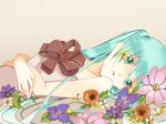  aqua_eyes aqua_hair bad_id bad_pixiv_id flower hair_flower hair_ornament hatsune_miku izusetsu long_hair lying on_back open_mouth solo tears vocaloid 