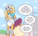 1_horn 2025 4_fingers adventure_time anthro arm_wraps artist_logo baggashame bear black_sclera black_text blonde_hair blue_clothing blue_shirt blue_sky blue_topwear bodily_fluids bra breasts bronwyn_(adventure_time) brown_nose canid canine canis cartoon_network casual_wetting clothed clothed_anthro clothed_female clothing clothing_lift cloud collared_shirt cool_s day dialogue diaper domestic_dog english_text eyelashes female female_anthro fingers front_view fur furgonomic_headwear furgonomics genital_fluids graffiti grey_helmet hair half-pipe hi_res holding_skateboard horn hybrid kilroy_was_here knee_pads logo long_hair looking_at_viewer mammal medium_breasts midriff multicolored_clothing multicolored_shirt multicolored_topwear one_eye_closed open_mouth orange_body orange_fur outside pink_tongue plant polo_shirt railing rainicorn ramp shirt shirt_lift skate_park skateboard skull_helmet sky solo speech_bubble sports_bra standing sweat sweaty_face sweaty_legs talking_to_viewer text tongue topwear tree two_tone_clothing two_tone_shirt two_tone_topwear unclean_diaper underwear urine url used_diaper vehicle wearing_diaper wet_diaper wetting white_bra white_clothing white_diaper white_eyes white_horn white_shirt white_sports_bra white_topwear white_underwear wiping_sweat wraps