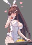  1girl alternate_costume animal_ears blush bottle breasts brown_eyes brown_hair closed_mouth covered_navel fake_animal_ears fake_tail fishnet_pantyhose fishnets food grey_background hair_intakes highres himeyamato holding holding_bottle kantai_collection ketchup_bottle large_breasts leotard long_hair maid omelet omurice pantyhose playboy_bunny ponytail rabbit_ears rabbit_tail sidelocks simple_background smile solo tail very_long_hair white_leotard yamato_(kancolle) 