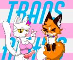 &gt;_&lt; accessory ambiguous_gender animal_genitalia animal_penis anthro black_paws bodily_fluids breasts canid canine canine_genitalia canine_penis claws collar cross-eyed cum cum_on_breasts cum_on_ear cum_on_face cum_on_muzzle cum_on_own_breasts cum_on_own_penis cum_on_paw cum_on_penis cum_on_self cum_on_tail duo eyes_closed felid feline flower flower_in_hair fooxo(artist) fox fur genital_fluids genitals gesture gynomorph hair hair_accessory hand_gesture international_transgender_day_of_visibility intersex knot knotted_penis lgbt_pride mammal mismatched_genitalia nonbinary_(lore) orange_body orange_fur painted_claws pawpads penis pink_claws plant raised_tail semi-anthro shaded simple_background simple_shading sylvie_(zlago) tail tongue tongue_out trans_(lore) trans_woman_(lore) v_sign white_body white_paws yellow_eyes