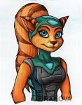 2025 angela_cross anthro blue_eyes breasts clothing eyebrows eyelashes female fur lombax mammal portrait ratchet_and_clank solo sony_corporation sony_interactive_entertainment stripes teira-nova traditional_media_(artwork) yellow_body yellow_fur