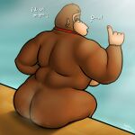 2025 anthro ape breasts butt crossgender dialogue donkey_kong_(character) donkey_kong_(series) ear_piercing ear_ring female fur gorilla half-closed_eyes haplorhine hi_res looking_back mammal monkey mostly_nude narrowed_eyes necktie necktie_only nintendo nude open_mouth oystercatcher7 piercing primate rear_view ring_piercing side_boob signature sitting solo text you_may_spank_it_once