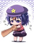  arm arm_grab beret blue_eyes blue_hair chibi expressive_clothes finger_sucking hat jiangshi jinnouchi_akira minigirl miyako_yoshika ofuda outstretched_arms shirt short_hair skirt solo standing touhou trembling zombie_pose |_| 