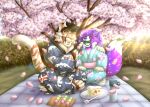 absurd_res anthro asian_clothing cake canid canine canis cherry_blossom clothing collie dango_(food) dessert domestic_dog duo east_asian_clothing felid female flower food herding_dog hi_res japan japanese_clothing kimono love male mammal naoto pastoral_dog picnic plant prehistoric_species prunus_(flower) romantic romantic_couple rough_collie saber-toothed_tiger sheepdog