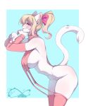 2025 5_fingers alisa_(iskra) anthro big_breasts biped blonde_hair blue_background border breasts butt claws clothed clothed_anthro clothed_female clothing digital_media_(artwork) domestic_cat felid feline felis female finger_claws fingers fur hair inner_ear_fluff katfishcom legwear looking_at_viewer mammal navel no_underwear pantsless pantsless_anthro pantsless_female partially_clothed partially_clothed_anthro partially_clothed_female side_view simple_background smile solo standing tail thigh_highs tuft white_body white_border white_fur white_tail