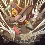 anthro arthropod_webbing bdsm bondage bound brown_body brown_fur capcom clothing fur genitals hat headgear headwear hi_res lynian male monster_hunter penis robe rove_(monster_hunter) smile solo spider_web tusks vavacung web_bondage wizard_hat wudwud