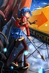  absurdres bad_id bad_pixiv_id belt blue_hair detached_sleeves fs-project highres midriff orange_eyes original polearm ponytail skirt solo spear thighhighs weapon 