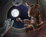 ambiguous_gender anthro armor astronaut astronaut_suit brown_body brown_fur canid canine claws clothed clothing discarded_clothing fur gloves handwear headgear helmet hi_res implied_transformation inside mammal mikebaldridgedesign moon mythological_canine mythological_creature mythology no_pupils open_mouth solo space spacecraft spacesuit star upside_down vehicle werecanid werecanine werecreature werewolf white_eyes zero_gravity