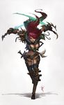  2011 armor banned_artist belt blue_eyes breasts chain cleavage downblouse dual_wielding gauntlets highres holding large_breasts long_hair paul_kwon red_hair reverse_grip rogue_(warcraft) running shorts signature solo sword thighhighs warcraft weapon world_of_warcraft 