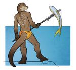  fish kiva looking_back male mammal marine mustelid otter solo speedo swimsuit tail tattoo topless tsaiwolf yellow_eyes 
