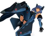  aasara aircraft airplane alternate_color bare_shoulders black_legwear blue_hair camouflage canopy f-35_lightning_ii gauntlets japan_air_self-defense_force japan_self-defense_force jet mecha_musume military original red_eyes robot_ears simple_background solo star star-shaped_pupils symbol-shaped_pupils thighhighs white_background 