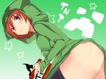  analog_kenshi_(moto) black_legwear blush breasts creeparka creeper hood hoodie looking_at_viewer medium_breasts minecraft naked_hoodie parted_lips personification red_eyes red_hair short_hair simple_background solo thighhighs 