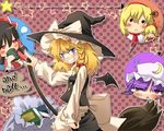  &gt;_&lt; :&lt; alice_margatroid blue_eyes blush book broom checkered checkered_background closed_eyes doll grin hakurei_reimu hat kirisame_marisa multiple_girls patchouli_knowledge pointing purple_eyes red_eyes red_ribbon ribbon shanghai_doll smile taker_(flamestorm) tears touhou wings witch_hat 