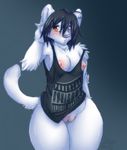  amber_eyes black_hair blush bottomless breasts cat clothing feline female fluffy fur gradient_background hair inuki looking_away mammal nipples pussy shirt short_hair shy solo standing tail thighs white white_fur wide_hips 