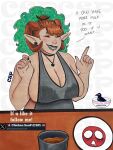 2025 animal_humanoid anthro apron apron_only barista big_breasts biped blush bodily_fluids breasts cafe cafeteria chicken_soup_(artist) clothing coffee_cup colored container cup digital_media_(artwork) dragon dripping earth_dragon elemental_creature elemental_dragon english_text european_mythology female freckled_face freckled_shoulders freckles furniture green_hair hair hi_res horn horned_humanoid huge_breasts human humanoid humanoid_pointy_ears jewelry lactating lactating_through_clothing mammal mammal_humanoid milk mostly_nude mythological_creature mythological_scalie mythology necklace overweight partially_translated pointy_ears scalie simple_background solo talking_to_viewer text traditional_media_(artwork) translation_check translation_request waiter watermark wet wet_clothing
