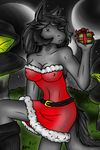  belt black_hair boots breasts christmas clothed clothing demon dress drovine female gift hair holidays horn hybrid liana_rex long_hair looking_at_viewer nipples shadow she-male shi solo xmas 