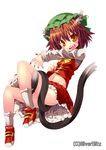  animal_ears brown_eyes brown_hair cat_ears cat_tail chen earrings fingernails full_body groin jewelry long_fingernails midriff multiple_tails nail_polish navel open_mouth rando_seru shoes short_hair simple_background single_earring smile socks solo tail touhou white_background white_legwear 