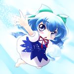  blue_eyes blue_hair bow cirno hair_bow hair_ribbon highres ribbon short_hair solo touhou wings yume_shokunin 