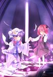  alternate_hairstyle bespectacled book child closed_eyes glasses hat head_wings highres holding_hands kneeling koakuma magic_circle multiple_girls necktie patchouli_knowledge purple_eyes purple_hair short_hair smile touhou vinashyra wings younger 