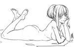  antaria ass barefoot blush feet greyscale legs_up lying monochrome nude on_stomach original signature sketch smile soles solo the_pose toes 