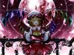  arms_behind_back ascot blush bow brooch closed_eyes embellished_costume flandre_scarlet flower frills full_moon gem hat hat_bow head_tilt highres jewelry laevatein long_hair moon open_mouth plant red_moon rose side_ponytail skirt skirt_set smile solo star_(sky) tears touhou ugume vines wings 