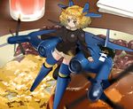  aasara aircraft airplane blonde_hair blue_eyes butter cup dish egg food honey mecha_musume military military_uniform no_nose original pancake personification propeller pun scrambled_egg solo thighhighs uniform xf5u zettai_ryouiki 