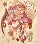  aji77 ascot bad_id bad_pixiv_id bat_wings blonde_hair blue_hair bow cake checkered dessert dress fang flandre_scarlet food fork fruit heart highres multiple_girls open_mouth red_eyes remilia_scarlet ribbon short_hair siblings side_ponytail sisters smile star strawberry touhou wings 