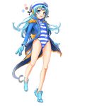  bad_id bad_pixiv_id blue_eyes blue_hair character_request copyright_request hat head_fins long_hair military mx2j_(nsh6394) one-piece_swimsuit sailor_hat solo striped striped_swimsuit swimsuit turtleneck 