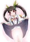  backpack bad_id bad_pixiv_id bag bakemonogatari blush brown_hair censored from_below hachikuji_mayoi hair_ribbon hairband monogatari_(series) nisemonogatari red_eyes ribbon school_uniform solo twintails upskirt yumesato_makura 