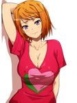  against_wall arm_up breasts cleavage covered_nipples hairu hand_behind_head heart large_breasts light_smile my-hime no_bra orange_hair purple_eyes red_shirt shadow shirt short_hair simple_background solo tokiha_mai upper_body 