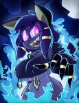 2024 absurd_res anthro big_breasts blue_fire blue_flames breasts buxy clothed clothing colored_fire curvy_figure digital_media_(artwork) eye_through_hair eyebrows female female_anthro fingers fire front_view fur glowing glowing_eyes hair hi_res hourglass_figure mammal nipple_outline nipple_piercing nipples open_mouth open_smile piercing portrait purple_eyes ring_(jewelry) sharp_teeth small_waist smile teeth topwear translucent translucent_hair under_boob