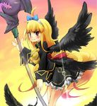  blonde_hair blush bow dungeon_and_fighter feathers hair_bow hairband long_hair mage_(dungeon_and_fighter) red_eyes smile solo staff taker_(flamestorm) very_long_hair wings 