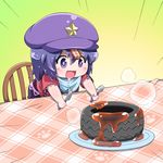  :3 beret blue_eyes blue_hair blush_stickers chair chibi drooling expressive_clothes fork hat holding holding_fork jiangshi jinnouchi_akira knife miyako_yoshika ofuda open_mouth outstretched_arms paw_print plate sauce shirt short_hair sitting skirt solo table tire touhou zombie_pose 