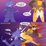 action_scene angry antelope anthro armor bare_legs black_markings black_visor boots bovid breasts brown_clothing brown_eyes brown_hair brown_leotard business_suit butt butt_focus cleavage_cutout clothing cutout dialogue duo ear_piercing ear_ring english_text expressive female footwear fur gauntlets glitter_(kadath) gloves hair handwear high_heeled_boots high_heels horn kick leotard lyonley male mammal markings monster open_mouth piercing revenge ring_piercing shoes shoulder_guards small_breasts spin_kick suit tan_body tan_fur text thong_leotard two_color_fur visor_helmet yellow_body yellow_clothing yellow_fur yellow_gloves yellow_handwear
