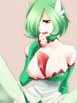  breasts choker cum gardevoir gen_3_pokemon green_hair large_breasts nayoha_(seven) nipples personification pokemon solo spread_legs tears thighhighs wavy_mouth 