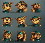 2024 angela_cross anthro blue_eyes bodily_fluids clothing eyebrows eyelashes eyes_closed female fur gloves hand_on_cheek handwear inner_ear_fluff lombax mammal open_mouth open_smile ratchet_and_clank smile solo sony_corporation sony_interactive_entertainment striped_ears stripes tears teeth teira-nova tongue tongue_out tuft yellow_body yellow_fur