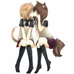  2girls adjusting_hair animal_ears arm_support artist_request blonde_hair blush brown_hair cat_ears cat_tail catgirl closed_eyes dog_ears dog_tail doggirl eyes_closed female footwear kiss kissing love multiple_girls school_uniform sitting skirt socks sweater_vest tail yuri 