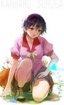  bad_id bad_pixiv_id bakemonogatari bandages basketball bike_shorts black_hair bug butterfly flower hareno_chiame insect kanbaru_suruga kneeling monogatari_(series) nisemonogatari pleated_skirt red_eyes school_uniform shoes short_hair skirt solo 