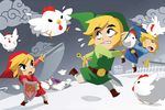  belt bird blonde_hair chicken cloud cucco fence finni_chang grey_background hat holding holding_sword holding_weapon left-handed link male_focus multiple_boys multiple_persona no_lineart outdoors pointy_ears shield signature sword the_legend_of_zelda the_legend_of_zelda:_four_swords toon_link weapon 