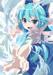  :d blue_eyes blue_hair blush bow cirno face fighting_stance foreshortening hair_bow hands highres ice magic open_mouth pointing shift_(waage) short_hair smile solo touhou v-shaped_eyebrows wings 