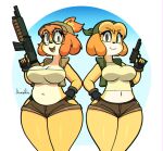 2025 animal_crossing anthro big_breasts bottomwear breasts brown_eyes canid canine canis clothing crop_top derp_eyes derpybelle domestic_dog duo eyebrows eyelashes eyewear female fingerless_gloves fur glasses gloves gun handgun handwear hat headgear headkerchief headwear hi_res isabelle_(animal_crossing) jhenightfox kerchief mammal metal_slug midriff nintendo open_mouth pistol ranged_weapon round_glasses shih_tzu shirt shorts thick_thighs topwear toy_dog vest weapon wide_hips yellow_body yellow_fur