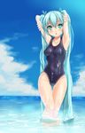  :o aqua_eyes aqua_hair armpits arms_behind_head bad_id bad_pixiv_id breasts covered_navel highres long_hair medium_breasts mx2j_(nsh6394) one-piece_swimsuit original solo swimsuit thigh_gap twintails very_long_hair wading water wet 