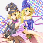  bare_shoulders blonde_hair blush_stickers breasts choker collarbone dark_magician_girl gagaga_girl green_eyes hat ikiyouyou kuriboh medium_breasts multiple_girls red_eyes sitting v_arms wizard_hat yuu-gi-ou yuu-gi-ou_zexal 